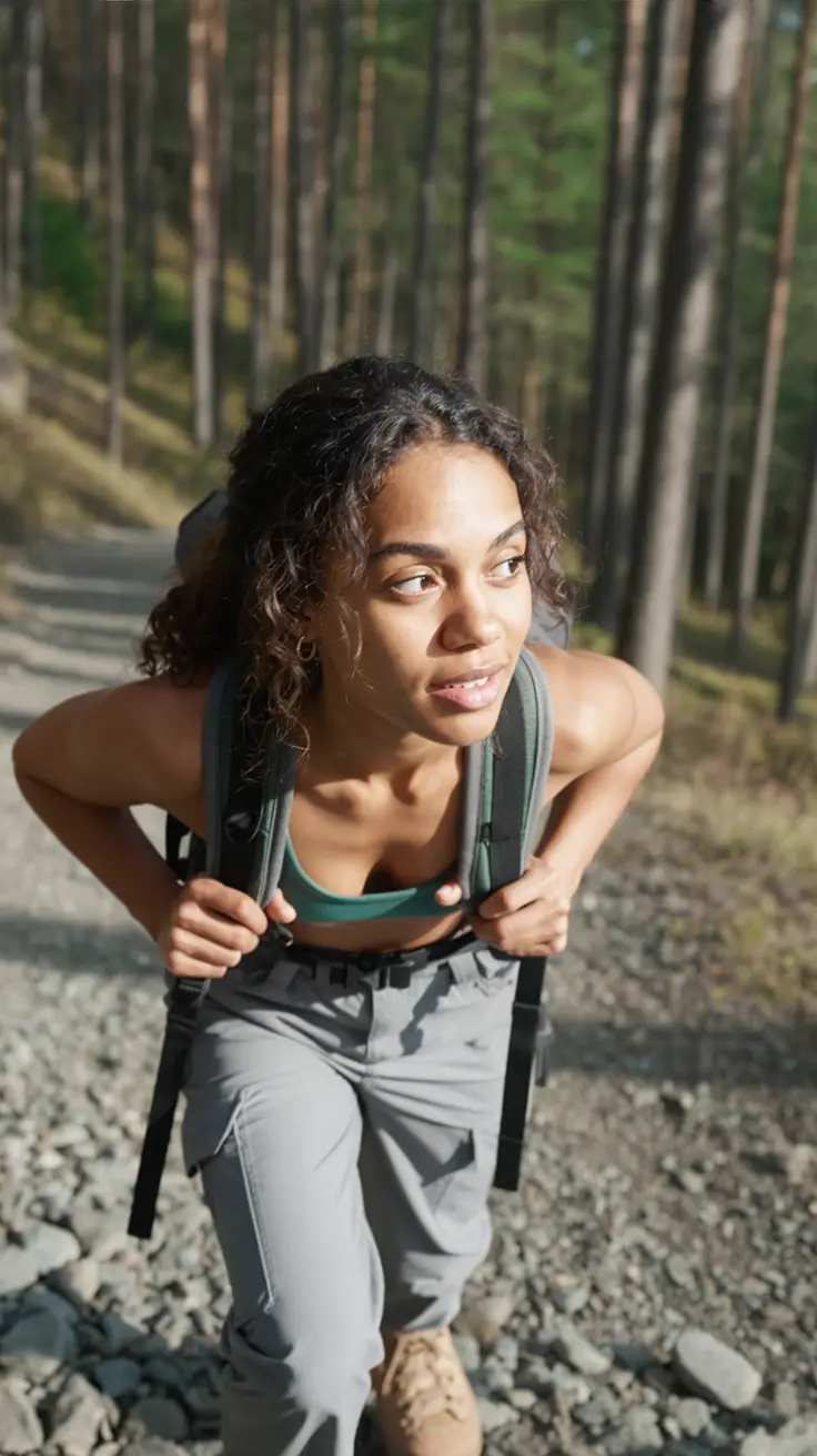 Realistic voyini hiking photo of steep gravel trail climbing through dense Alaskan forest