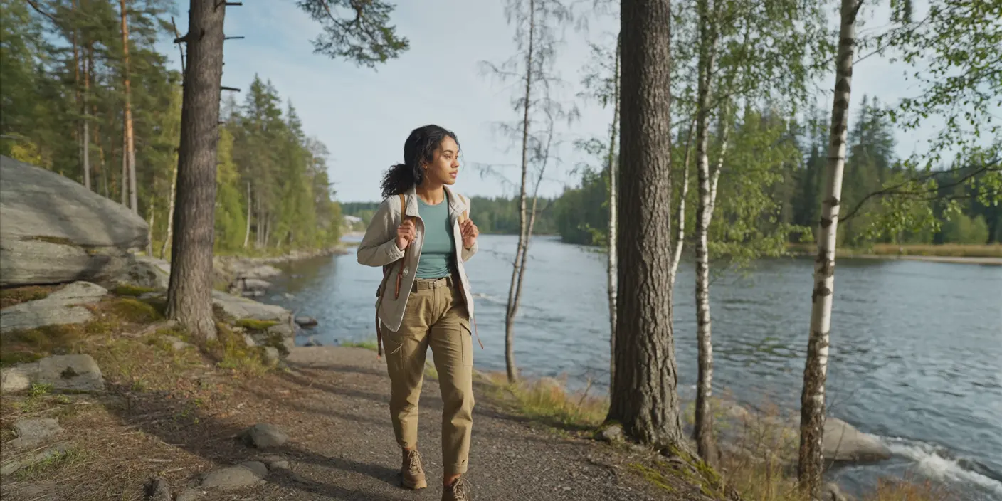 voyini hiking photo beside a peaceful Alaskan river surrounded by spruce and birch trees