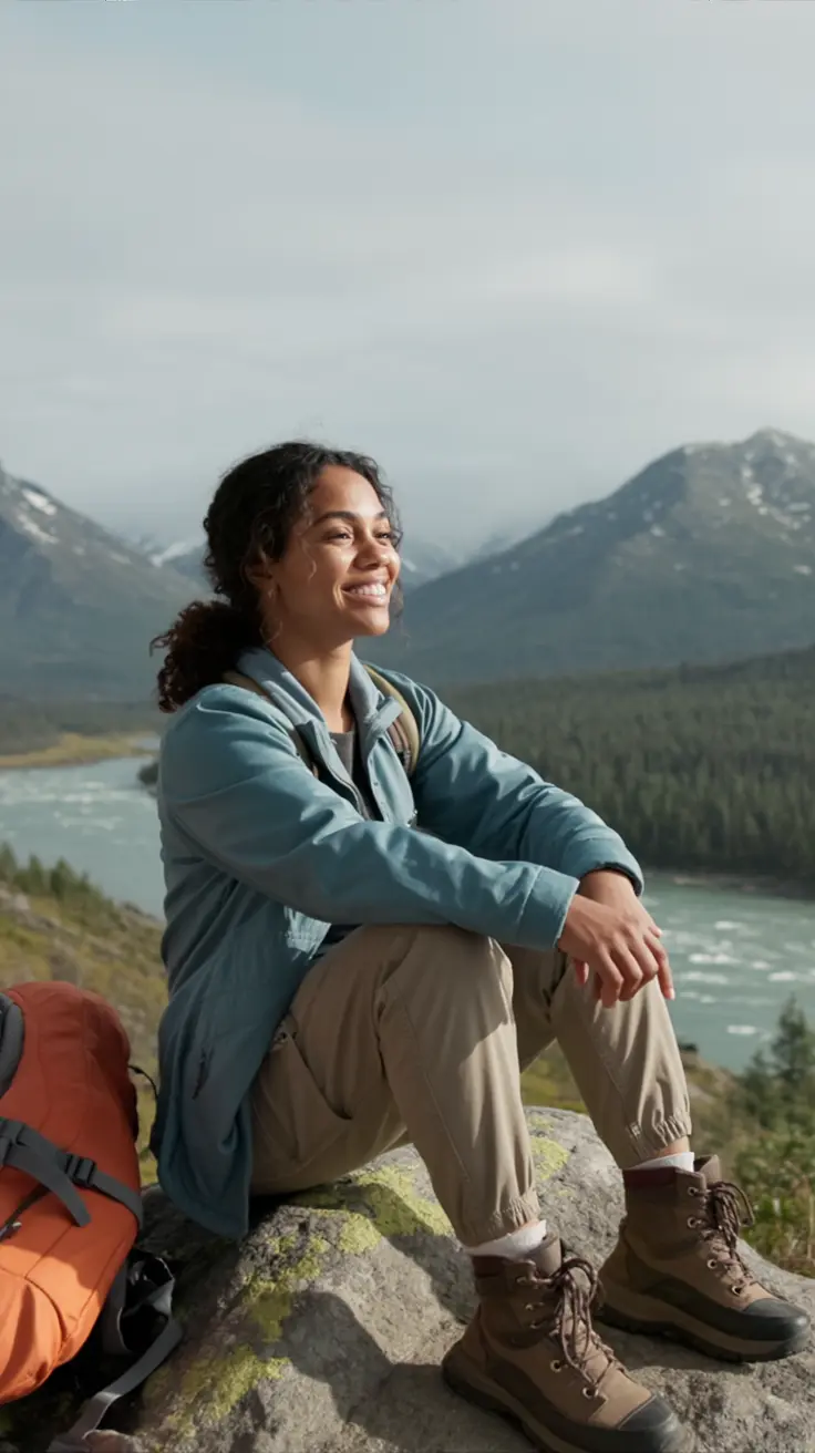 voyini photo of a tired but happy hiker sitting on a large rock overlooking Alaska wilderness after completing a hike